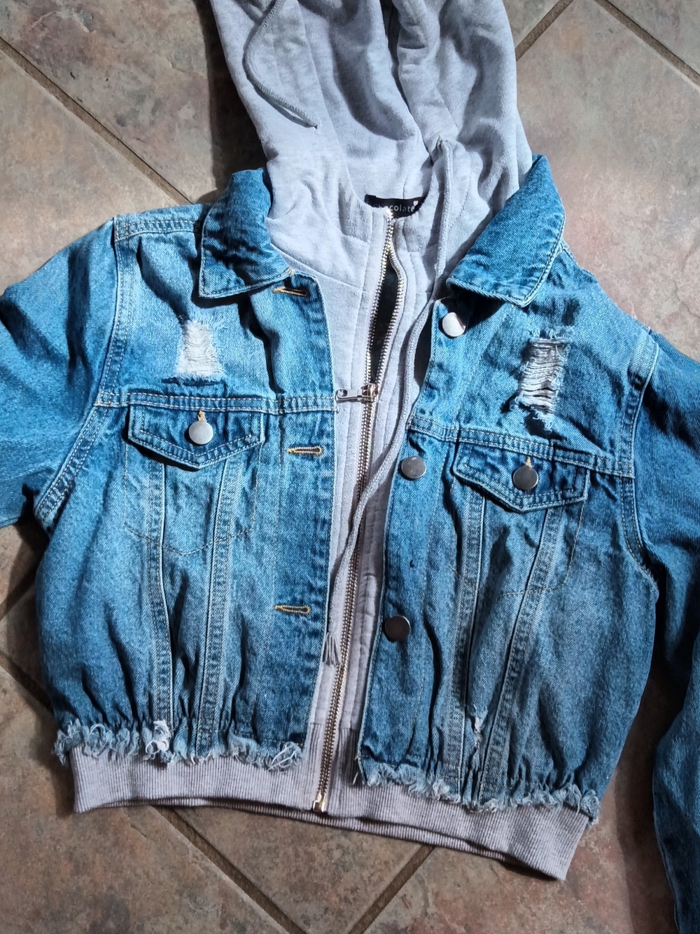Girls' Blue Denim Hooded Jacket with Gray Sweatshirt Liner